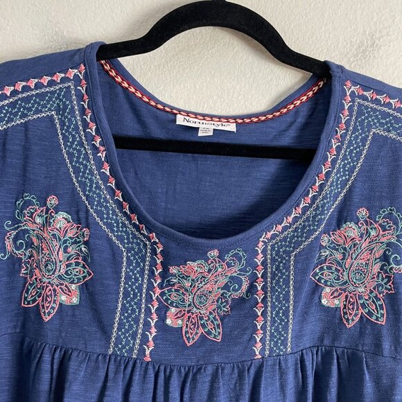 NorthStyle Womens Plus 2X Embroidered Tunic Top Blue 3/4 Sleeve Boho Shirt - Picture 8 of 11